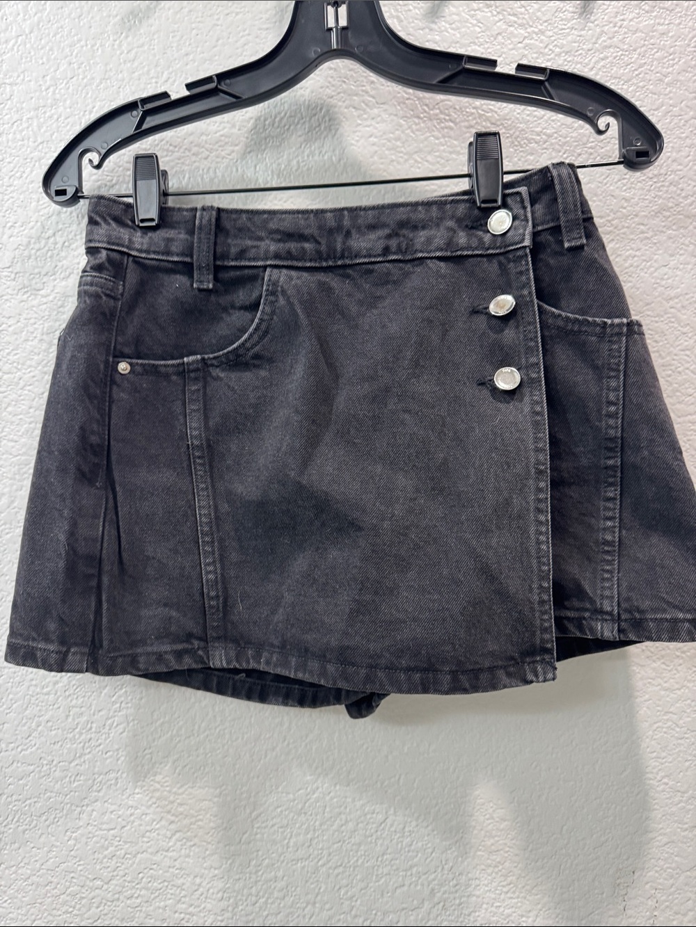 Zara Black Denim Wrap Skort with Silver Button Accent